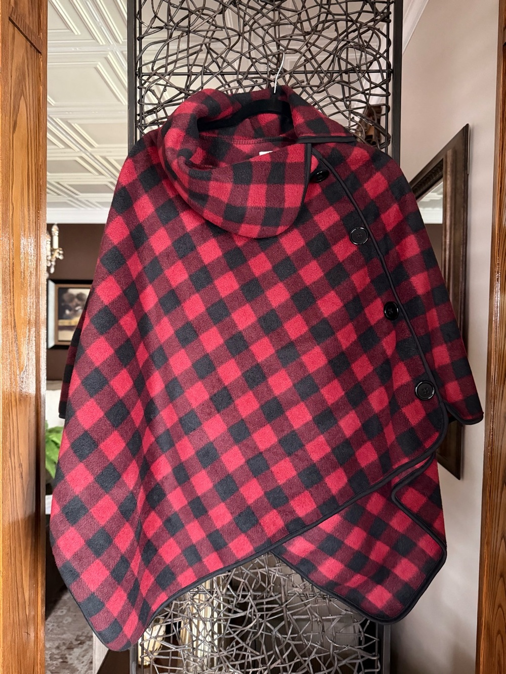 LeModa Fleece Red & Black Buffalo Plaid Poncho
